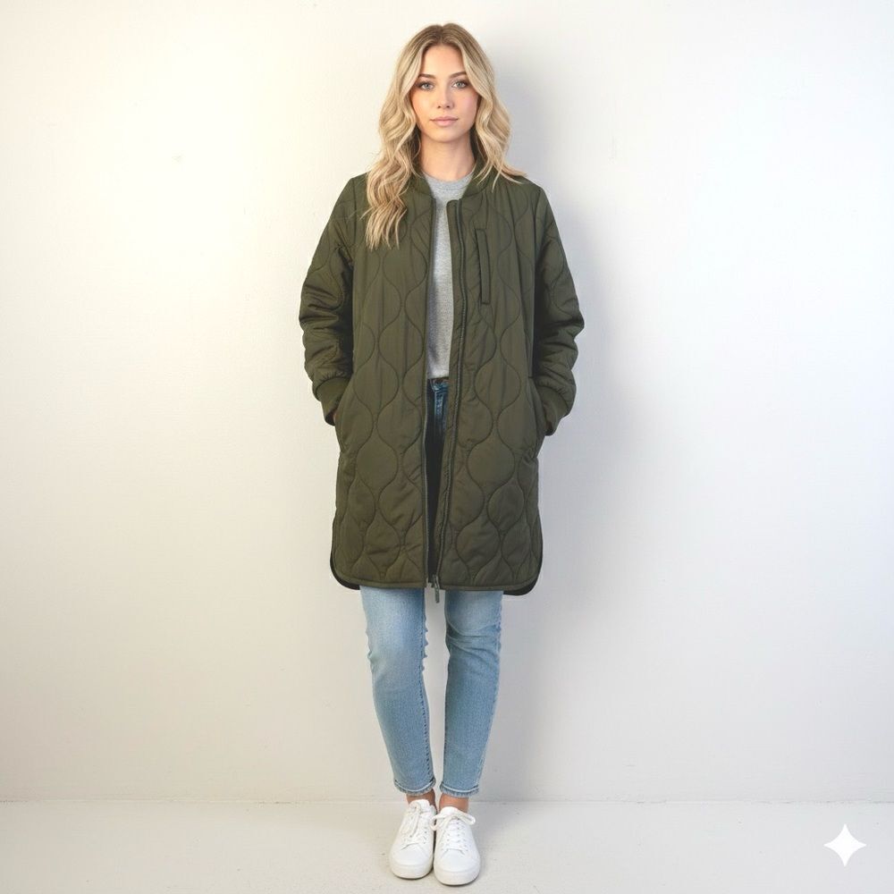 Zella Longline Quilted Lightweight Olive Green Women's Coat Jacket SZ M